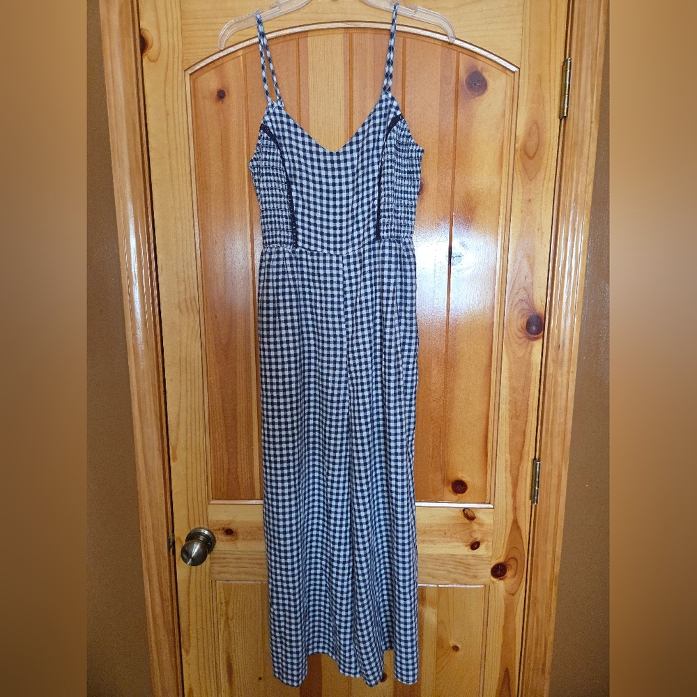 Womens Juniors Medium Jumpsuit Blue White Check Gingham Spaghetti Strap NWT